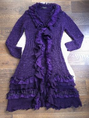 RARE Y2K Pretty Angel Fairy Purple Silk Ruffled Long Duster Cardigan